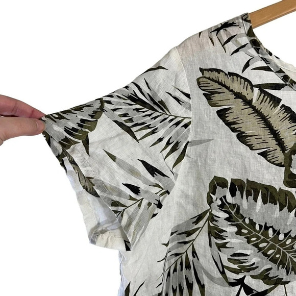 C&C California 100% Linen Blouse Olive Green Leaves Tropical Short Sleeves Top - Picture 4 of 7